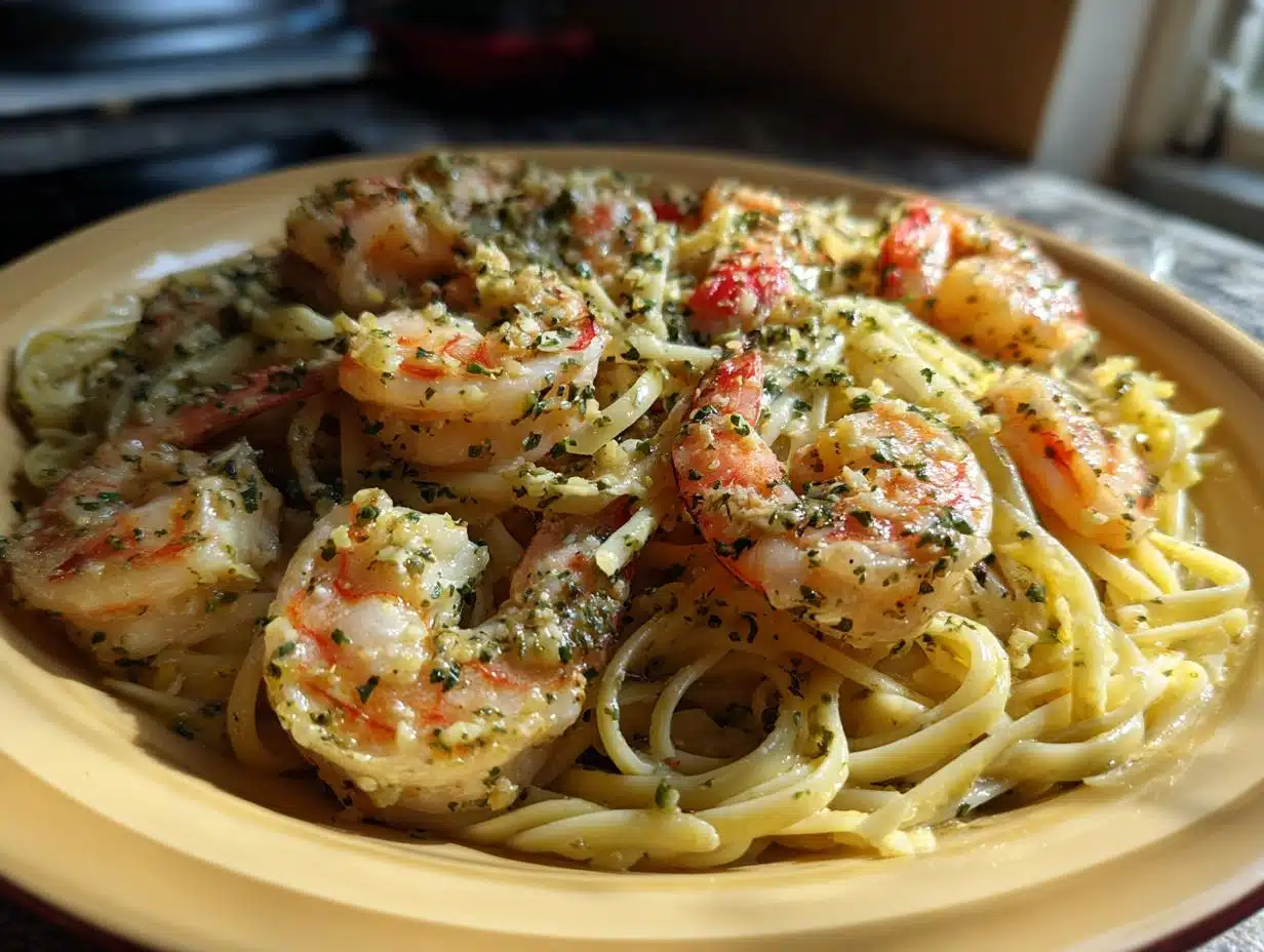Close-up of Easy Baked Shrimp Scampi Pasta with linguine noodles and plump shrimp coated in garlic-butter sauce and parsley.