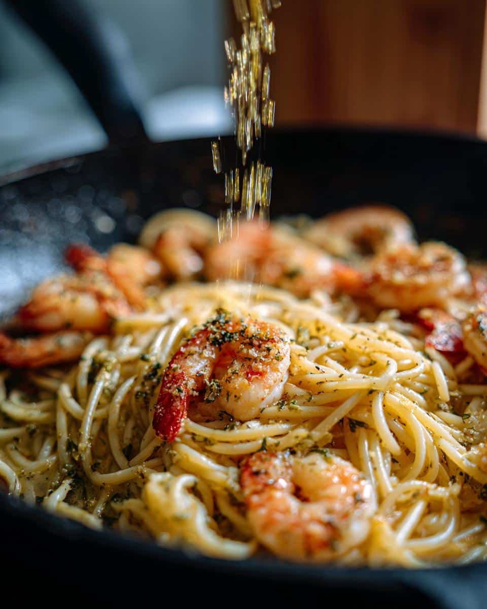 Close-up of Easy Baked Shrimp Scampi Pasta being seasoned with herbs and spices in a pan.