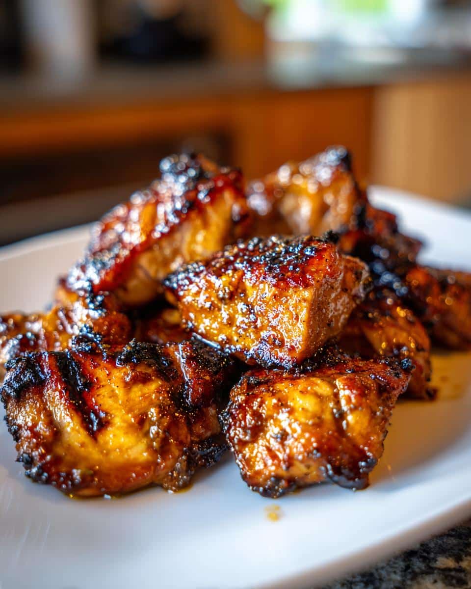Close-up of juicy, grilled chicken bites coated in an Easy Balsamic Chicken Marinade.