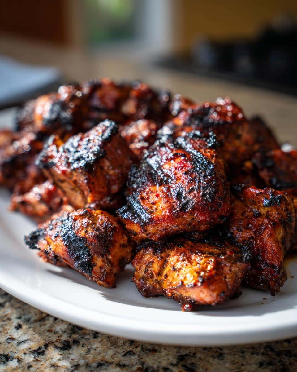 Close-up of juicy, grilled chicken bites coated in an Easy Balsamic Chicken Marinade, with a slightly charred exterior.