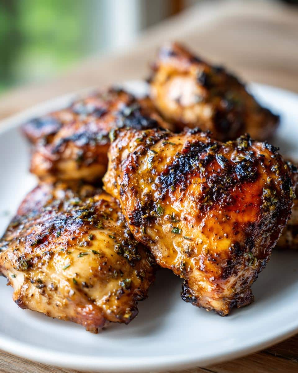 Close-up of grilled chicken thighs coated in an Easy Balsamic Chicken Marinade, with visible herbs and char marks.