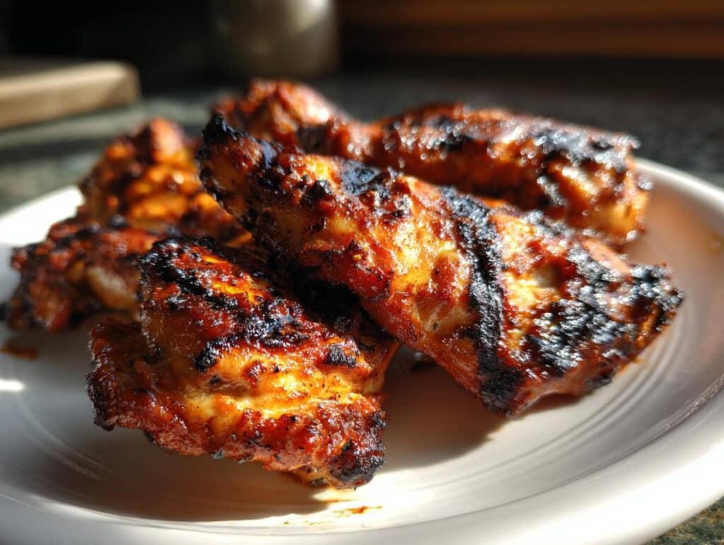 Close-up of grilled chicken wings coated in an Easy Balsamic Chicken Marinade, with char marks and a glossy glaze.