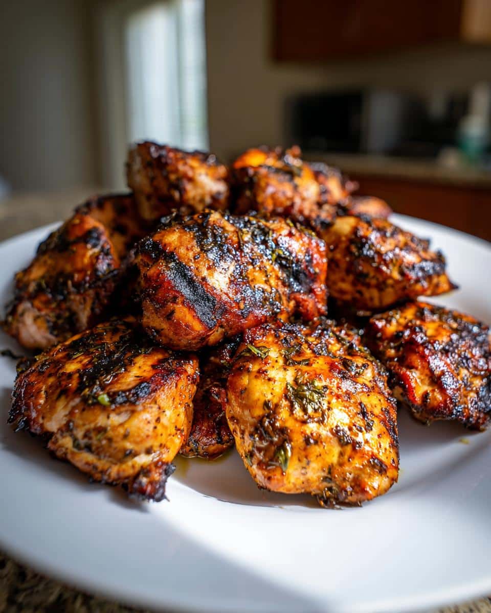 A pile of juicy, grilled chicken pieces coated in an Easy Balsamic Chicken Marinade, seasoned with herbs.
