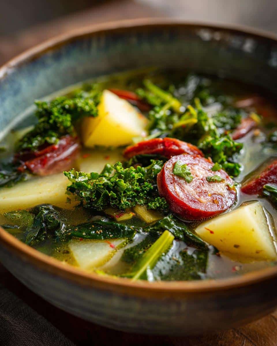 Close-up of a bowl of Easy Caldo Verde Soup, featuring chopped kale, potatoes, and slices of chorizo sausage.
