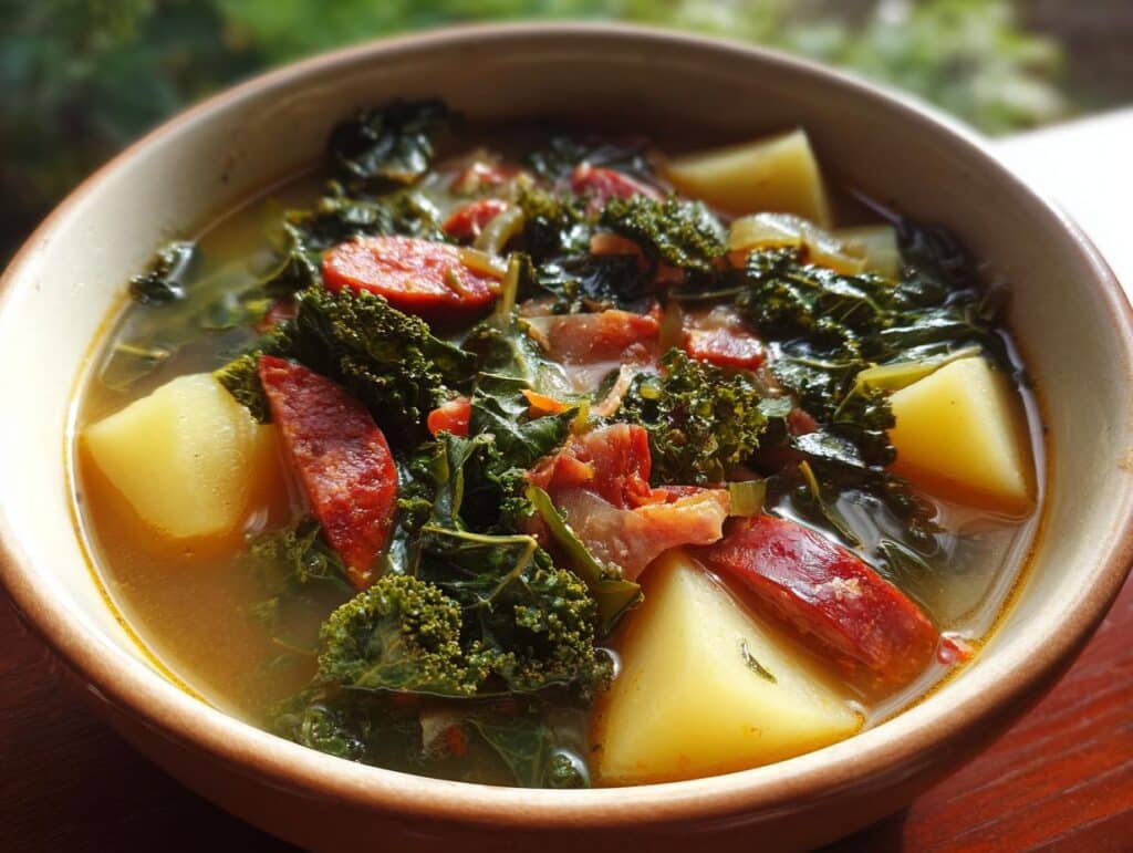 A close-up of a hearty bowl of Easy Caldo Verde Soup, featuring potatoes, kale, and slices of chouriço sausage.