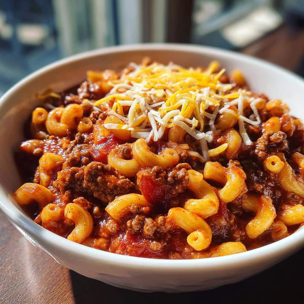 A fork lifts a cheesy bite of easy classic goulash recipe with ground beef and macaroni from a bowl.