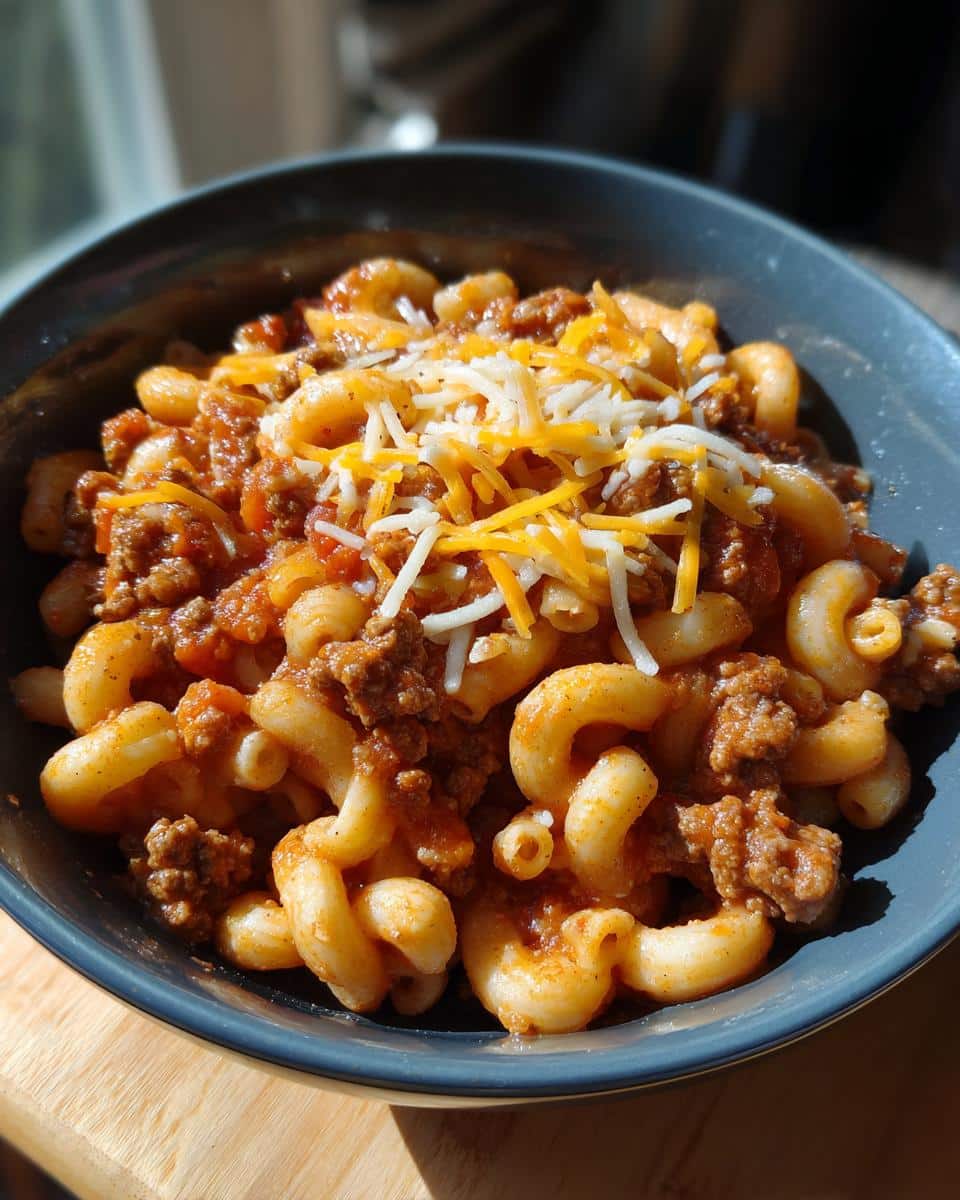 A bowl of easy classic goulash with ground beef and macaroni, topped with shredded cheese.