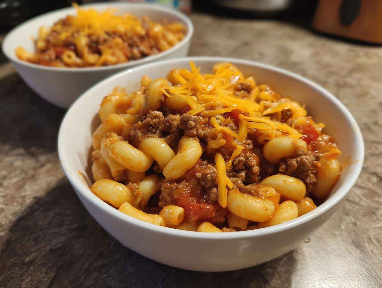 Close-up of a bowl of Easy Classic Goulash Recipe with Ground Beef and Macaroni topped with shredded cheese.
