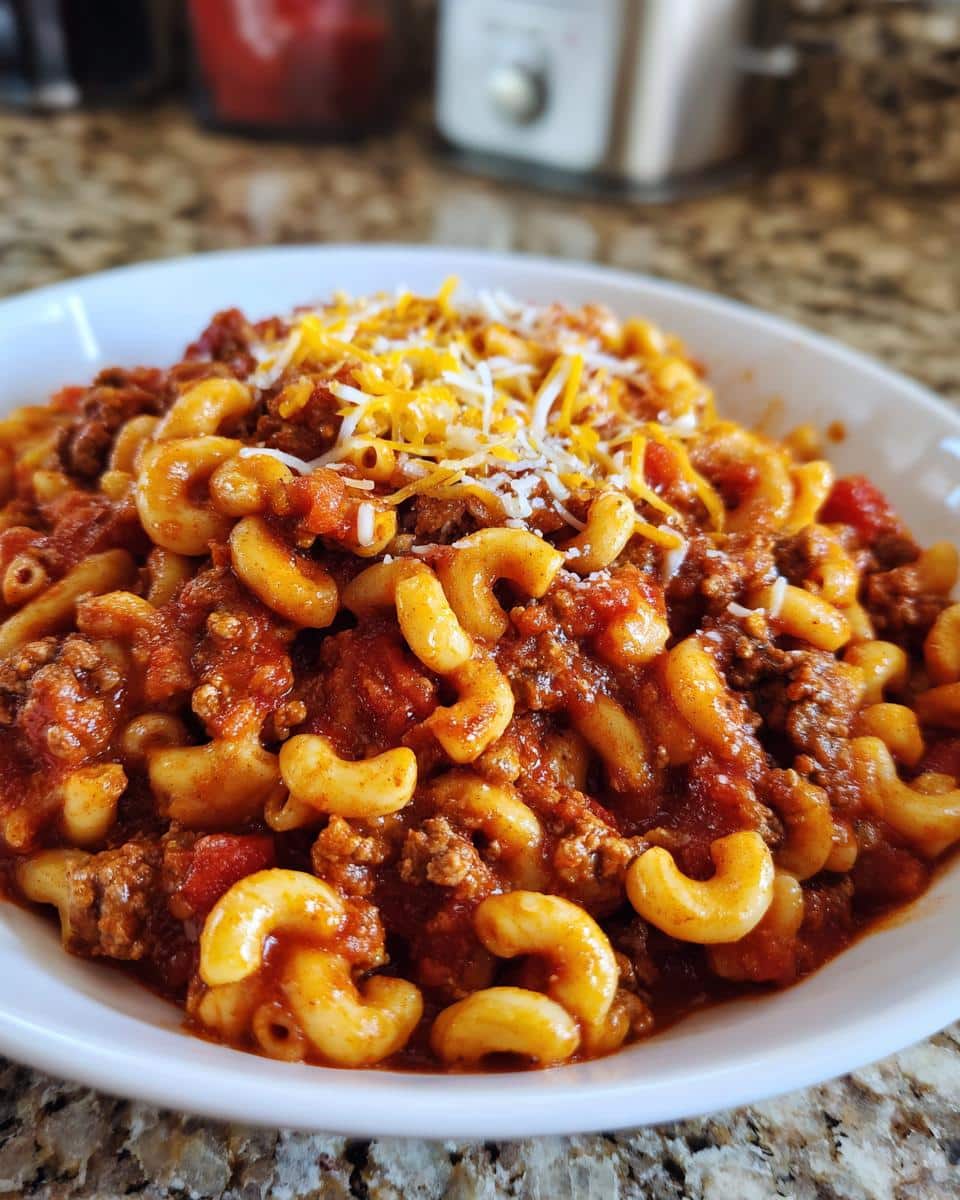 A bowl of easy classic goulash recipe with ground beef and macaroni, topped with shredded cheese.