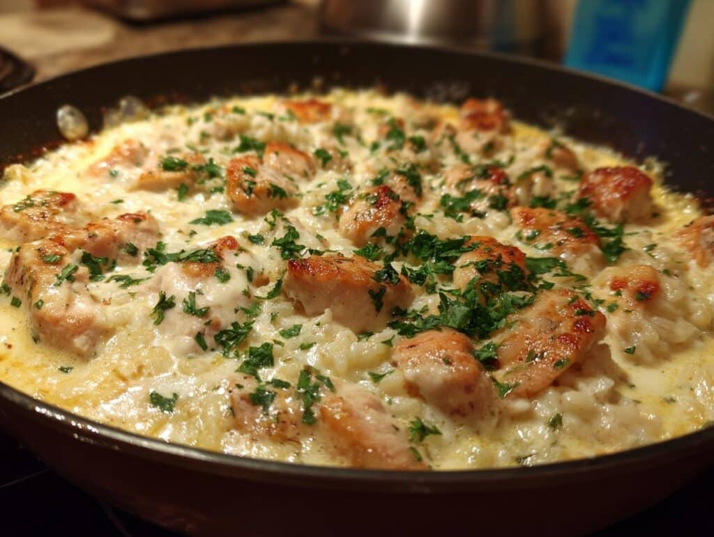 Close-up of an Easy Creamy Chicken and Rice Skillet, garnished with fresh parsley.