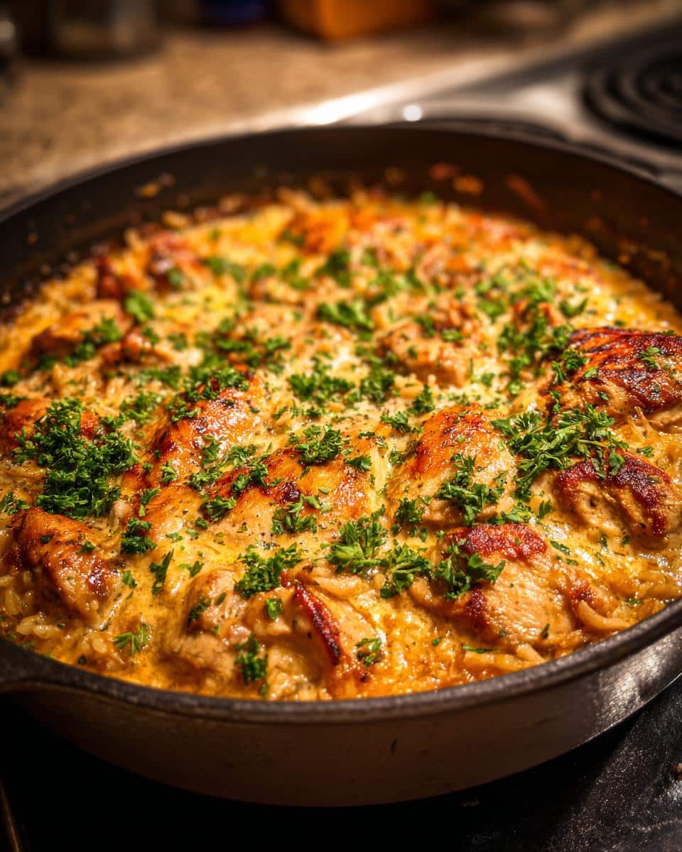 A close-up view of a cast-iron skillet filled with Easy Creamy Chicken and Rice, garnished with fresh parsley.