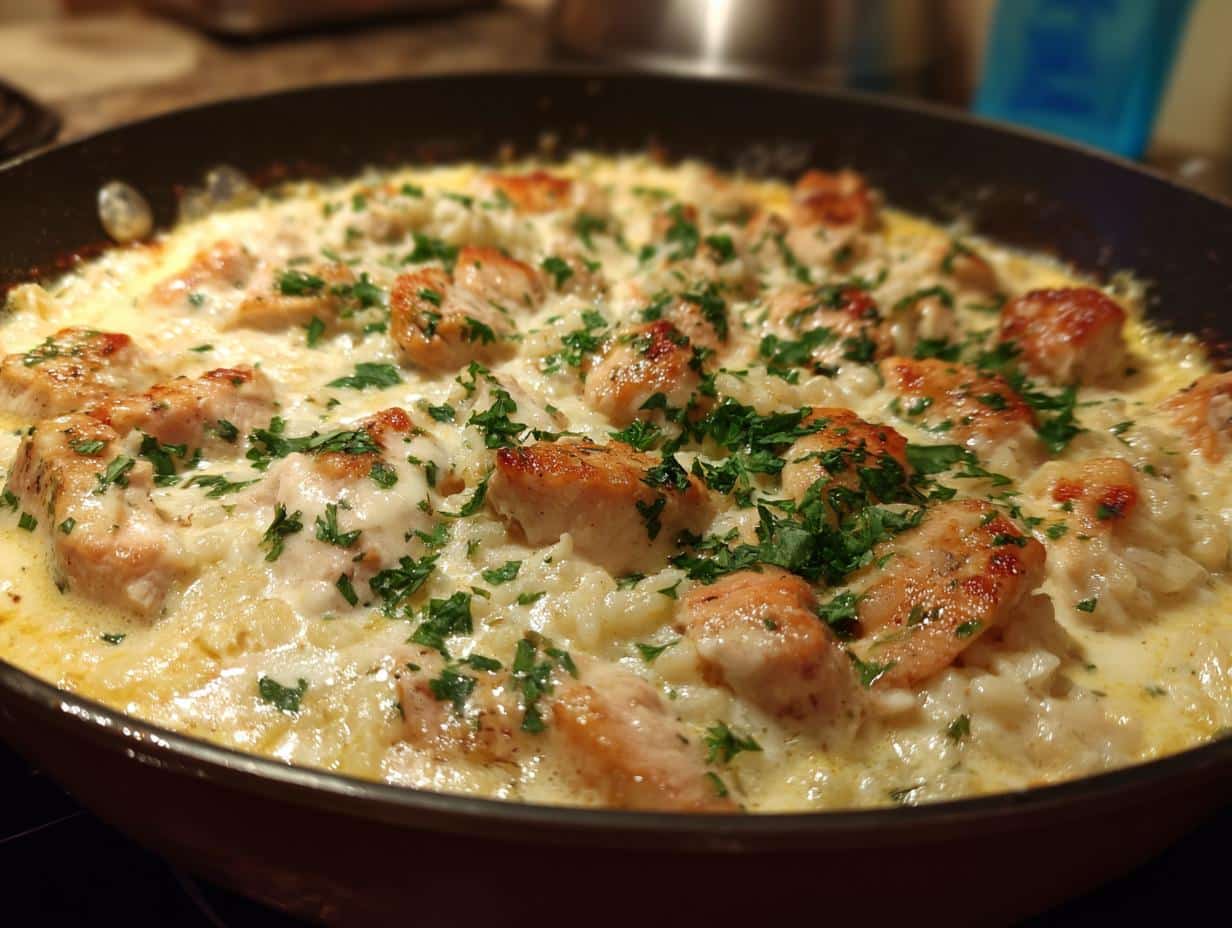 Close-up of an Easy Creamy Chicken and Rice Skillet, garnished with fresh parsley.