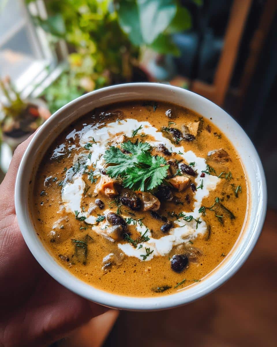 A close-up of a bowl of Easy Creamy Chicken Poblano Soup with Black Beans, garnished with cilantro and a swirl of cream.