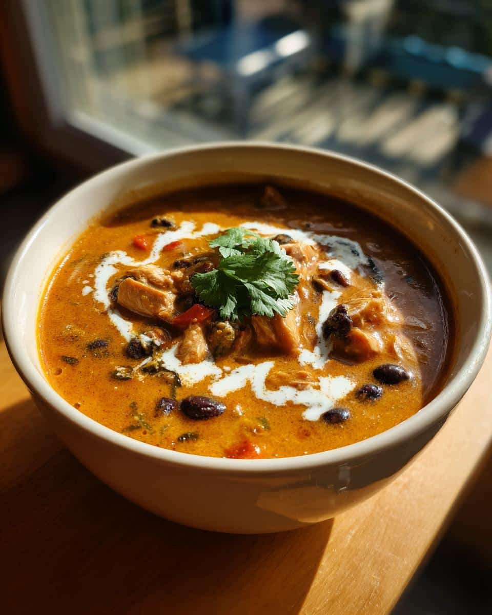 A bowl of Easy Creamy Chicken Poblano Soup with Black Beans, garnished with cilantro and a swirl of cream.