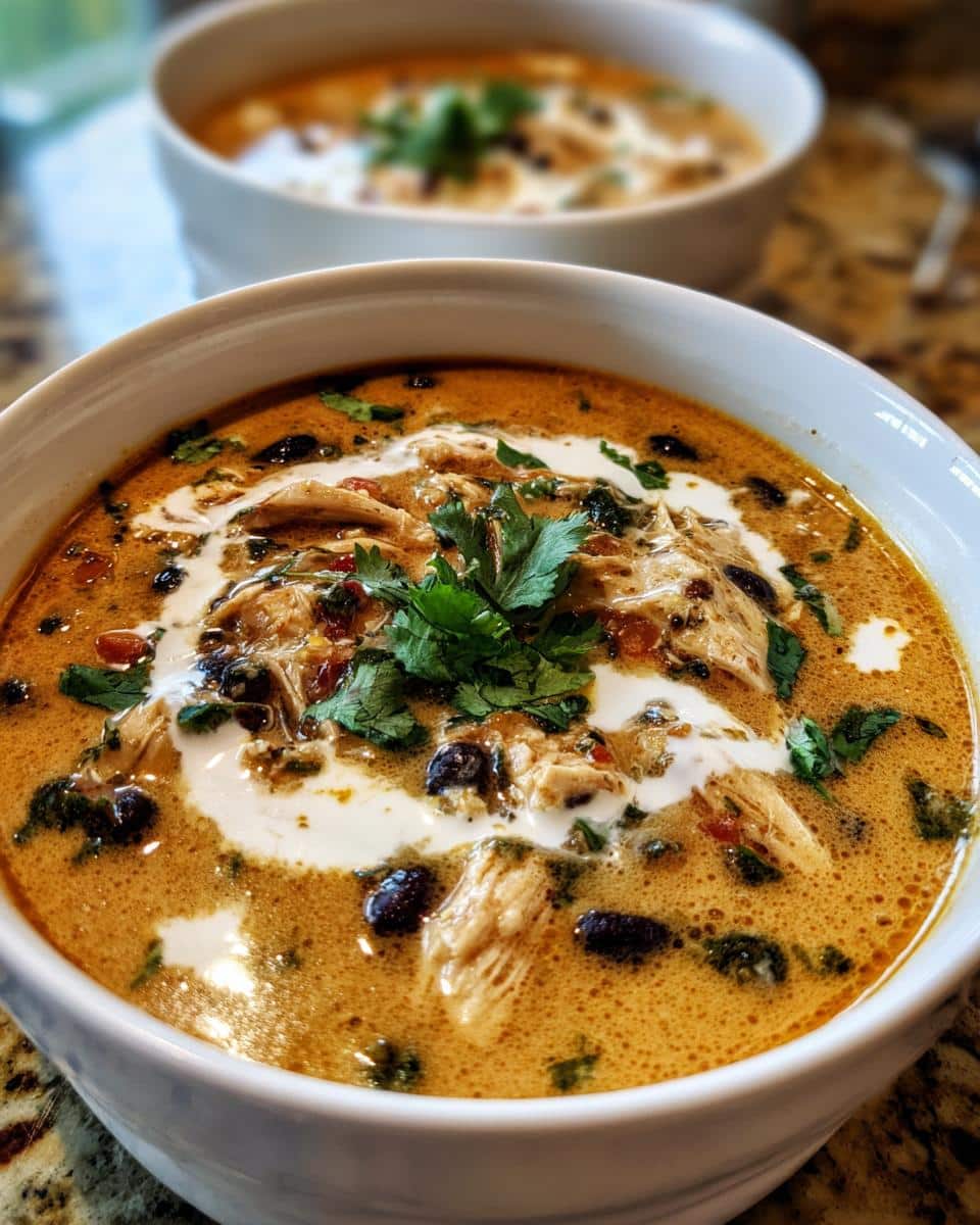 Close-up of a bowl of Easy Creamy Chicken Poblano Soup with Black Beans, garnished with cilantro and a swirl of cream.