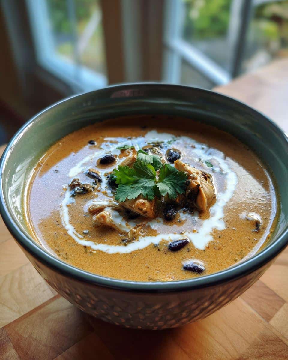 A close-up of a bowl of Easy Creamy Chicken Poblano Soup with Black Beans, garnished with cilantro and a swirl of cream.