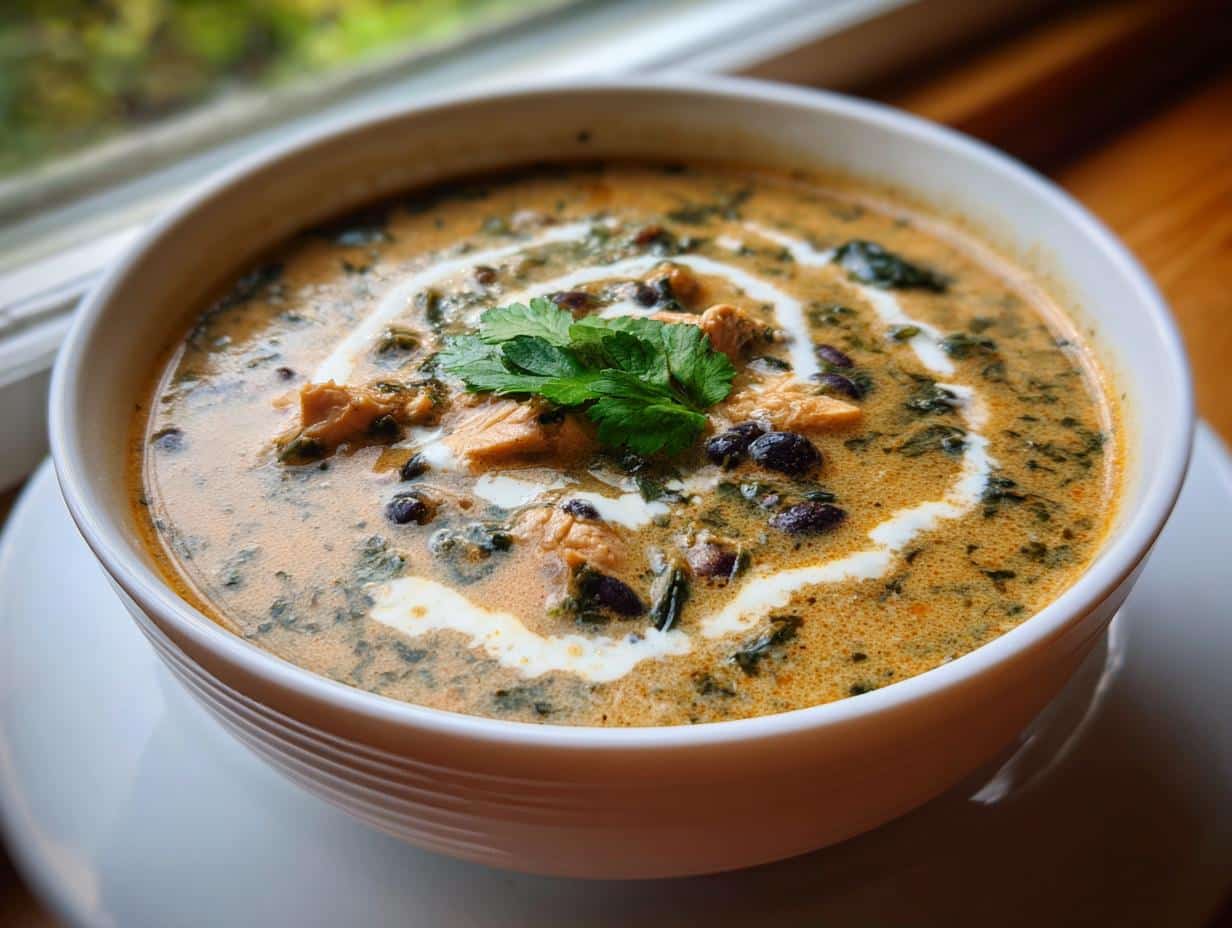 A close-up of a bowl of Easy Creamy Chicken Poblano Soup with Black Beans, garnished with a swirl of cream and cilantro.