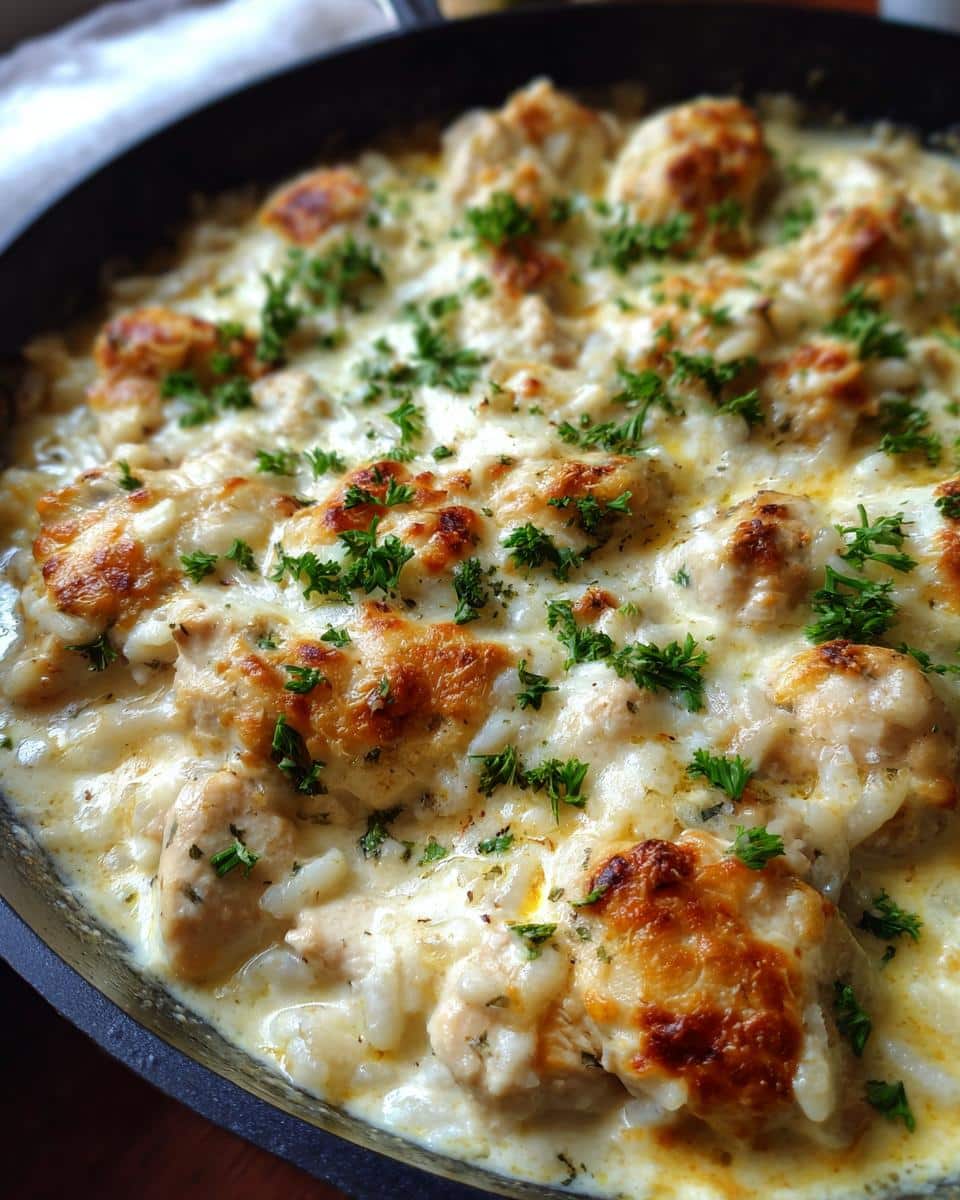 Close-up of a creamy chicken and rice skillet dish topped with melted cheese and fresh parsley.