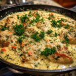 Close-up of a skillet filled with Easy Creamy Chicken and Rice, garnished with fresh parsley.