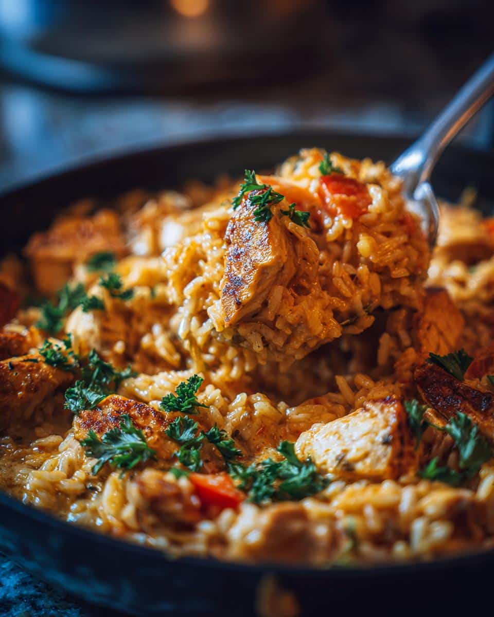 A close-up of a spoonful of Easy Creamy Chicken and Rice Skillet, garnished with parsley.