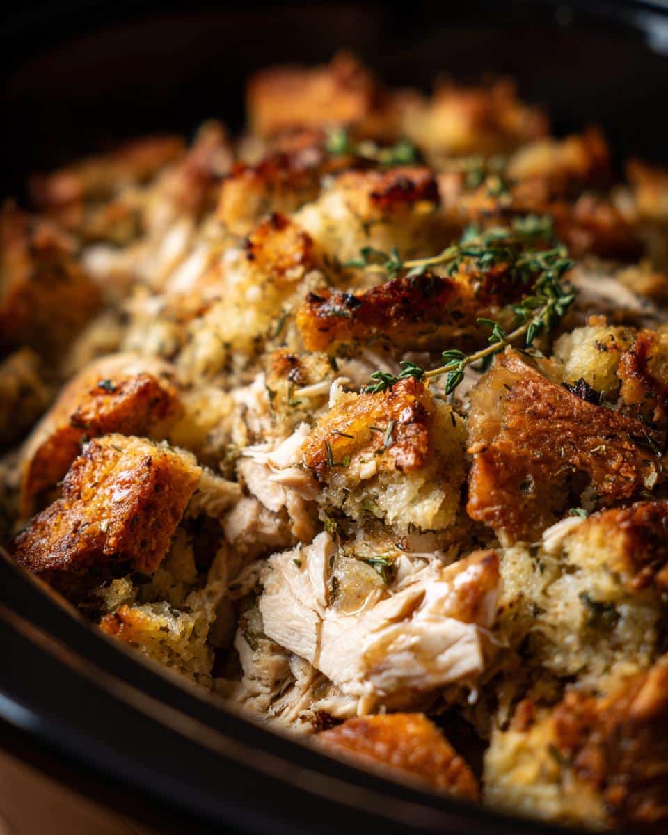 Close-up of shredded chicken mixed with golden brown stuffing cubes and fresh herbs in a crockpot.