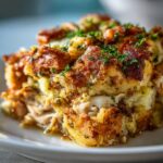A close-up of a delicious slice of Easy Crockpot Chicken and Stuffing, garnished with fresh parsley.