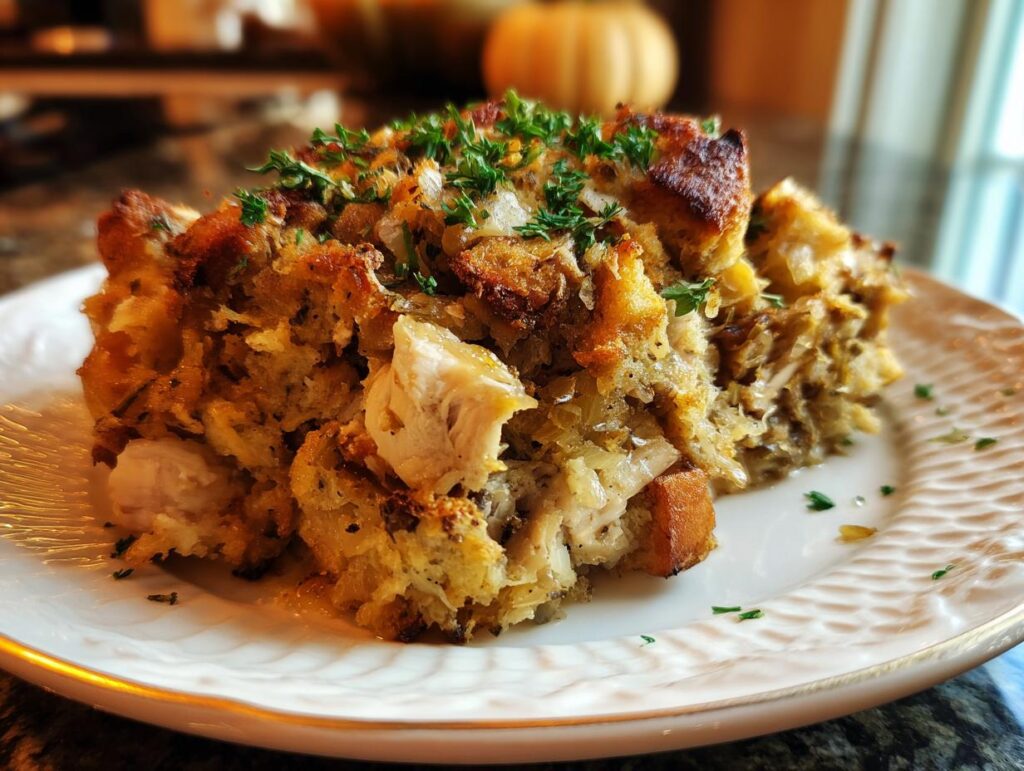 A generous slice of Easy Crockpot Chicken and Stuffing served on a white plate, garnished with fresh parsley.