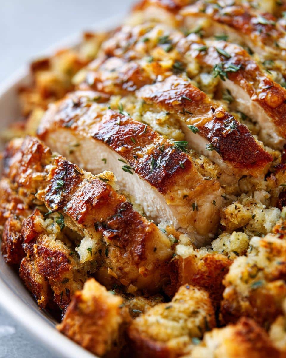 Close-up of sliced Easy Crockpot Chicken and Stuffing, showing tender chicken breast and savory stuffing.