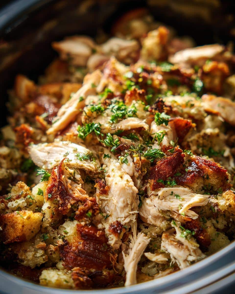A close-up view of shredded chicken and stuffing in a crockpot, garnished with fresh herbs.