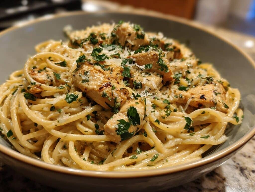 A close-up of a bowl of Easy Garlic Parmesan Chicken Pasta, topped with chopped parsley and grated Parmesan cheese.