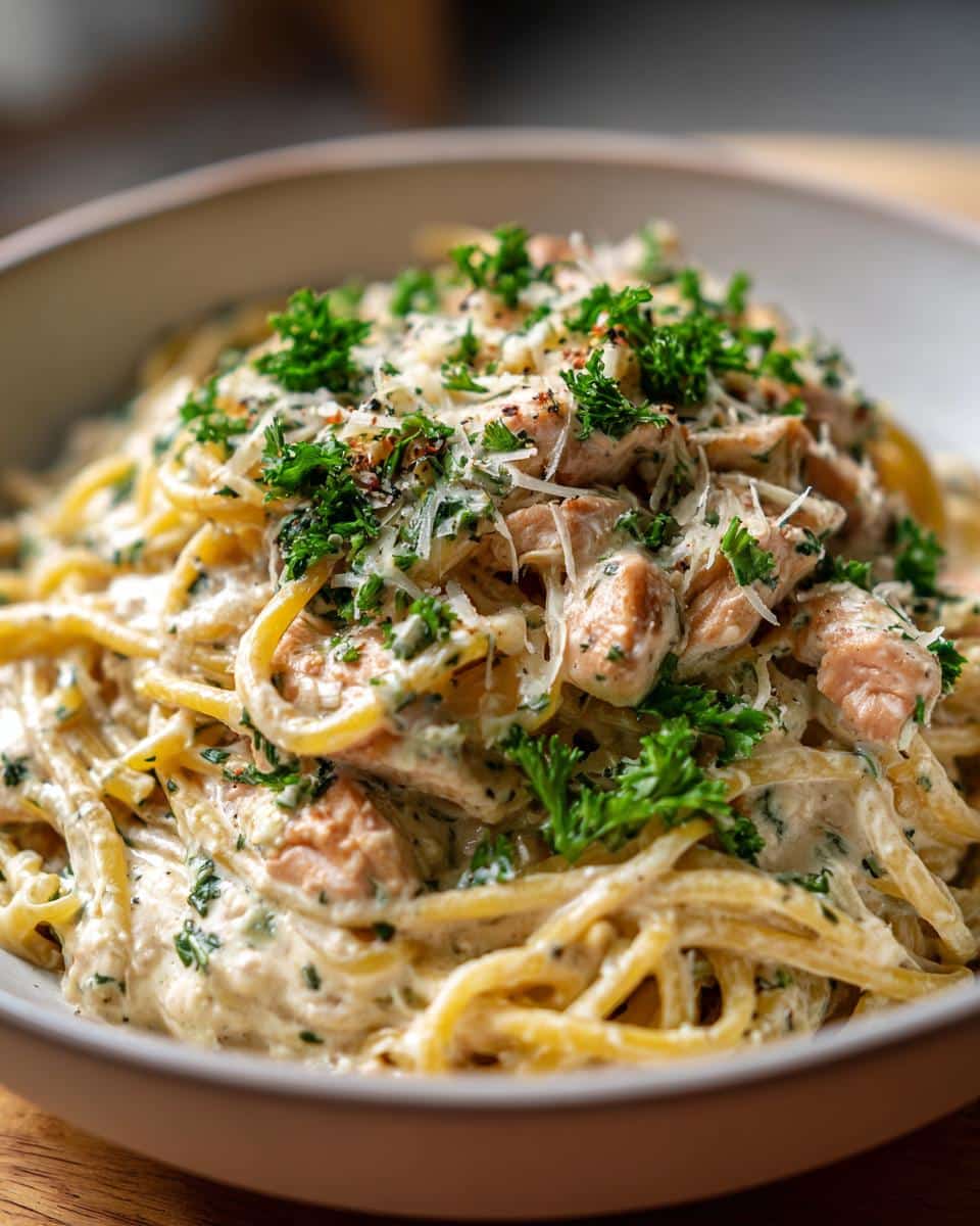 Close-up of a bowl of Easy Garlic Parmesan Chicken Pasta, topped with parsley and Parmesan cheese.