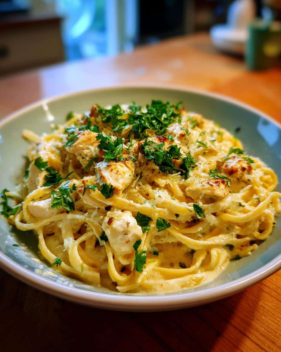 A close-up of a bowl of Easy Garlic Parmesan Chicken Pasta, topped with fresh parsley and grated cheese.