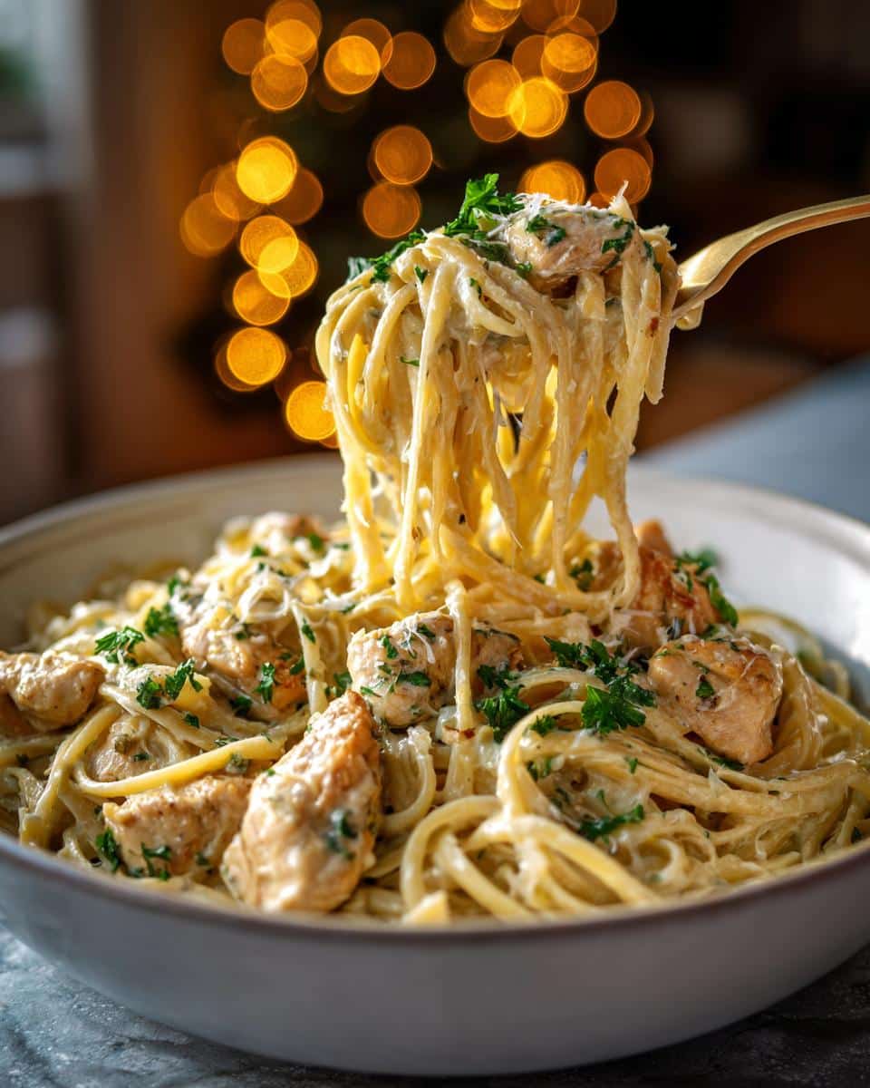 A fork lifts a swirl of Easy Garlic Parmesan Chicken Pasta from a bowl, showing tender chicken pieces and creamy sauce.