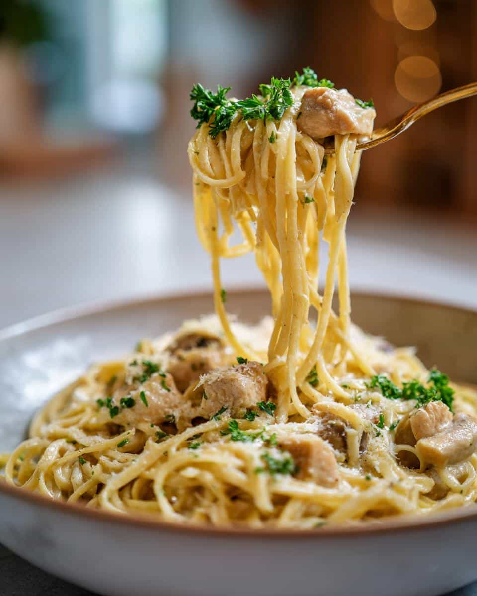 A close-up of a fork lifting spaghetti with chicken pieces and parsley from a bowl of Easy Garlic Parmesan Chicken Pasta.