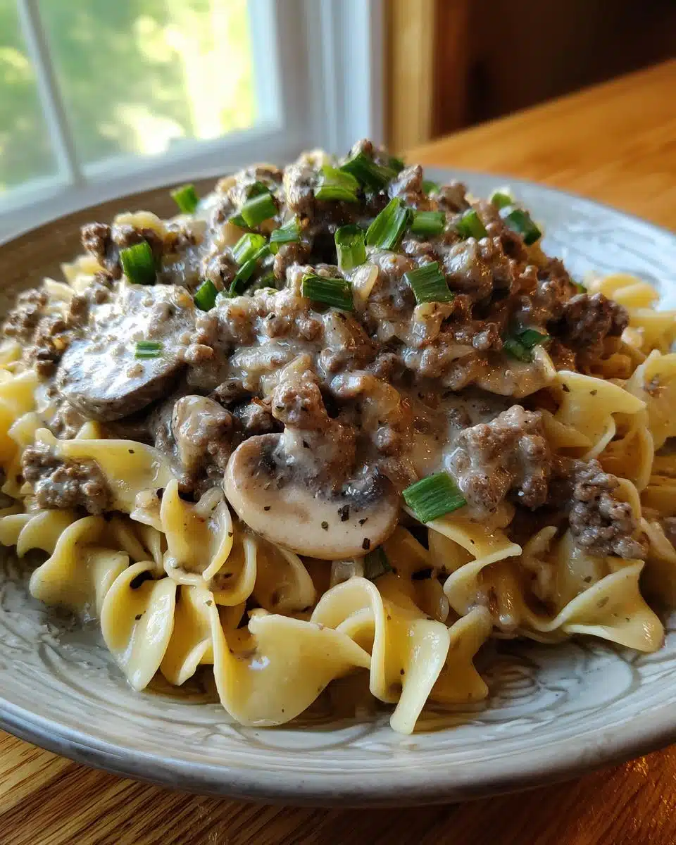 A close-up of a plate of Easy Hamburger Stroganoff with Egg Noodles, topped with chopped green onions.