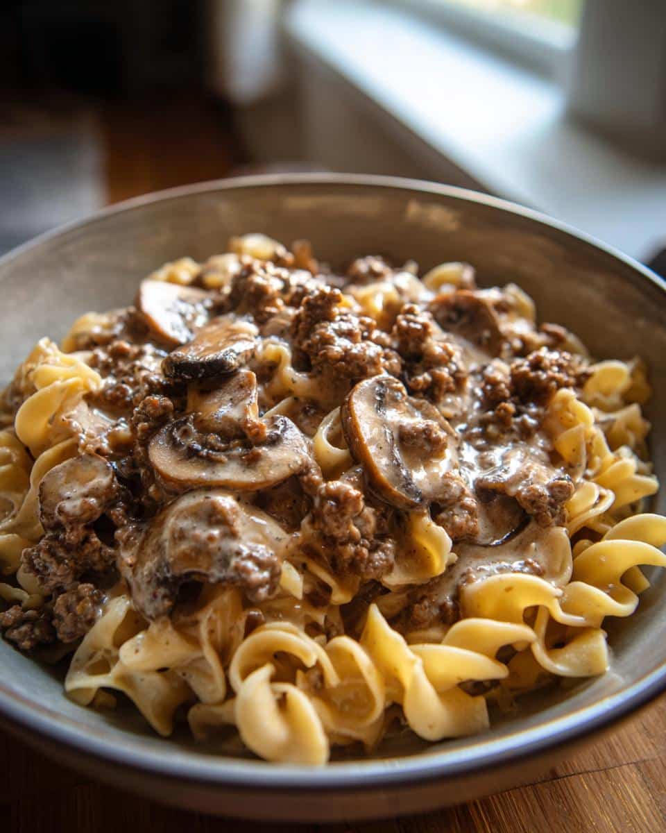 A close-up of a bowl filled with Easy Hamburger Stroganoff served over tender egg noodles, featuring a creamy mushroom and beef sauce.