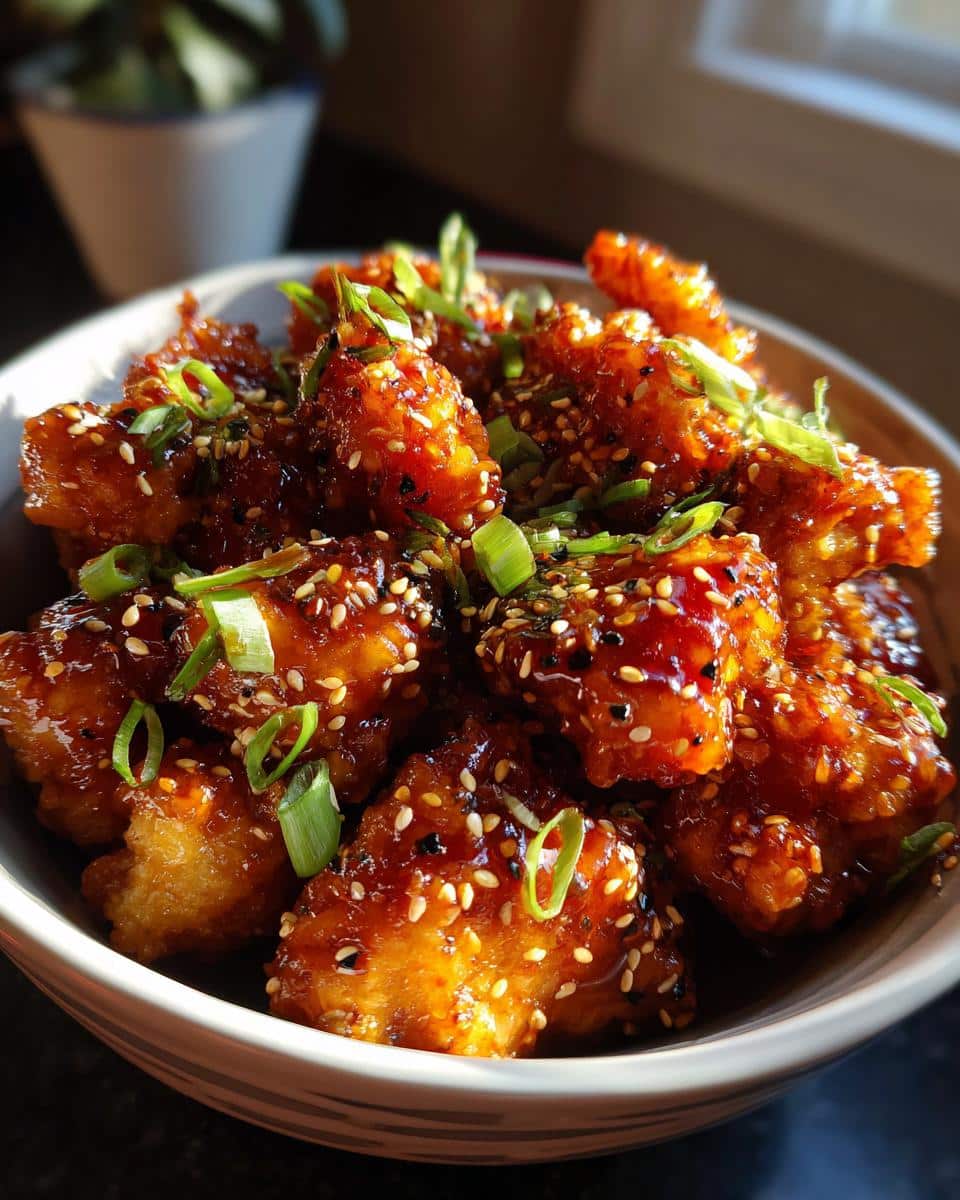 Close-up of crispy Easy Honey Sesame Chicken bites coated in a glossy sauce and sprinkled with sesame seeds and green onions.