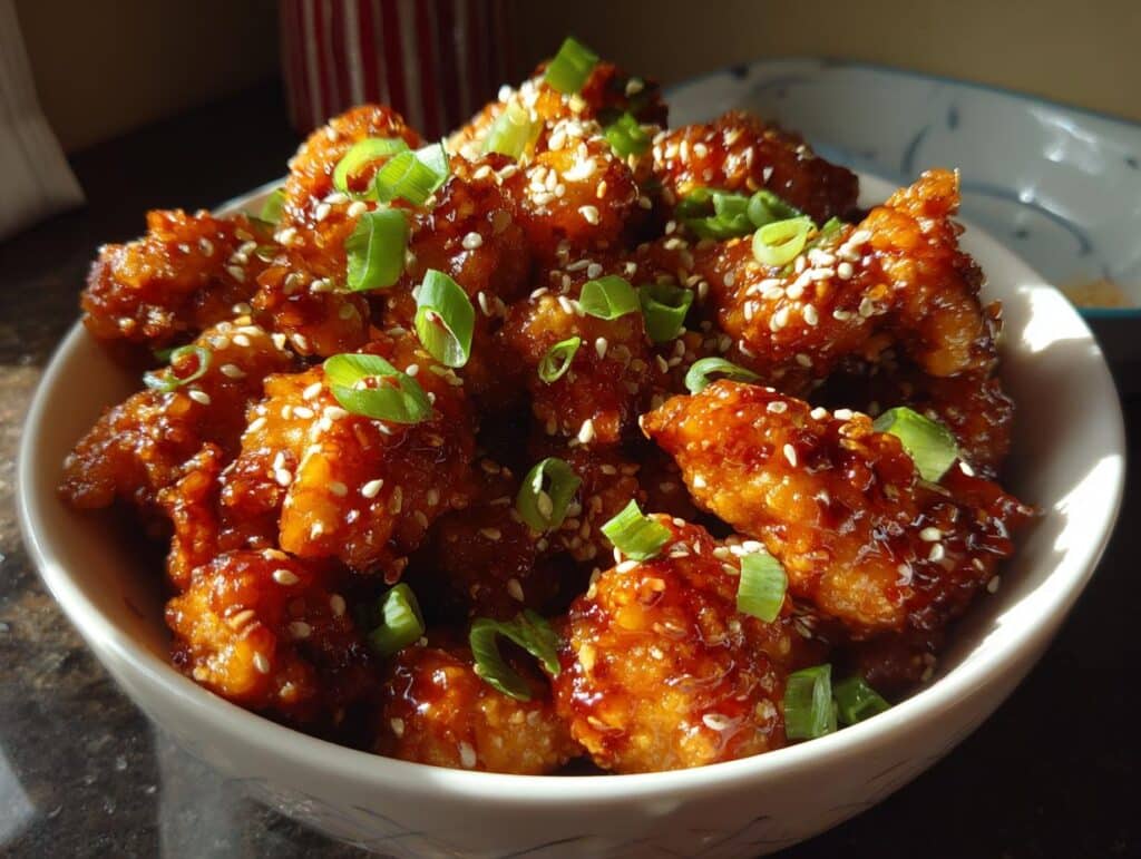 A bowl filled with glistening Easy Honey Sesame Chicken, topped with sesame seeds and chopped green onions.