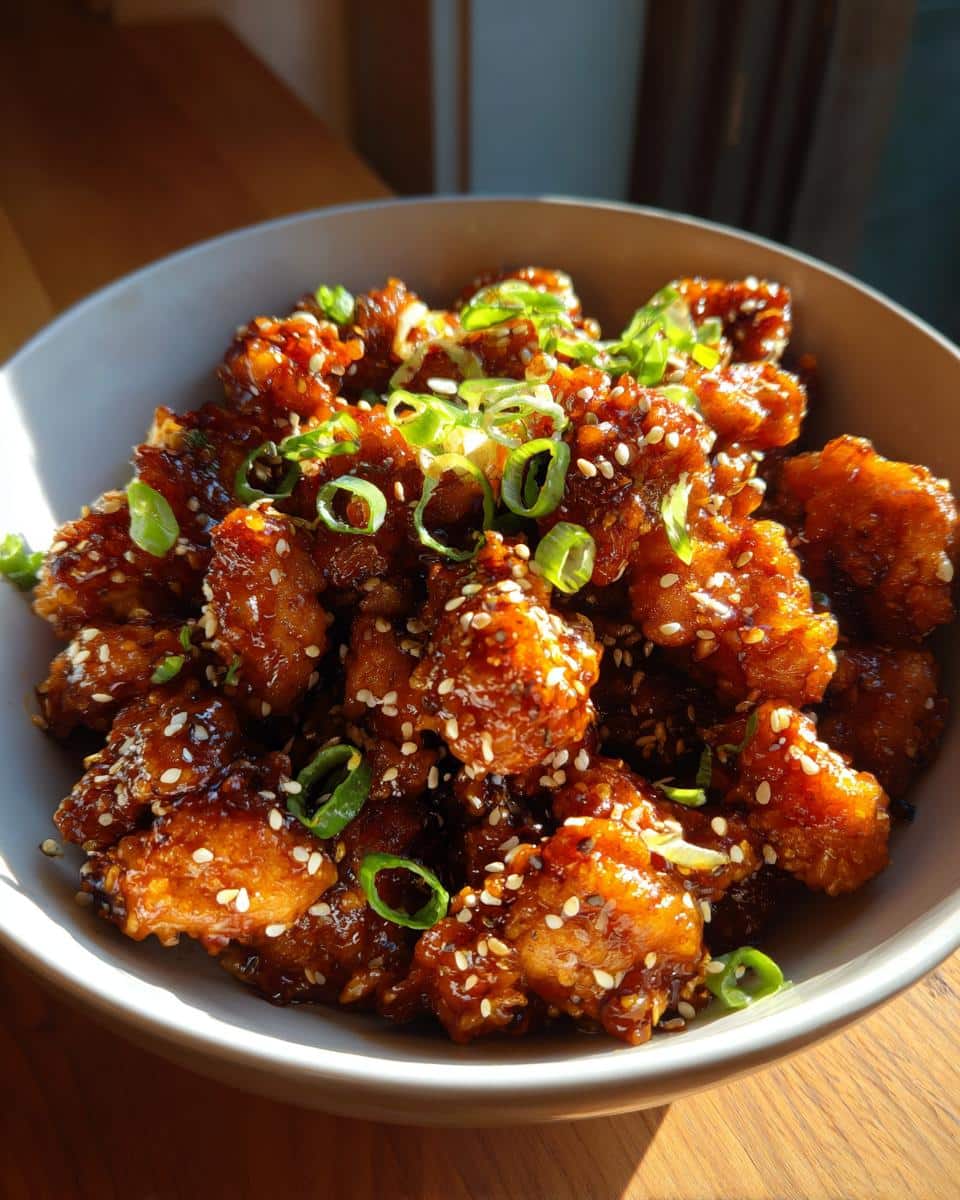 Close-up of a bowl filled with glistening Easy Honey Sesame Chicken pieces, sprinkled with sesame seeds and chopped green onions.
