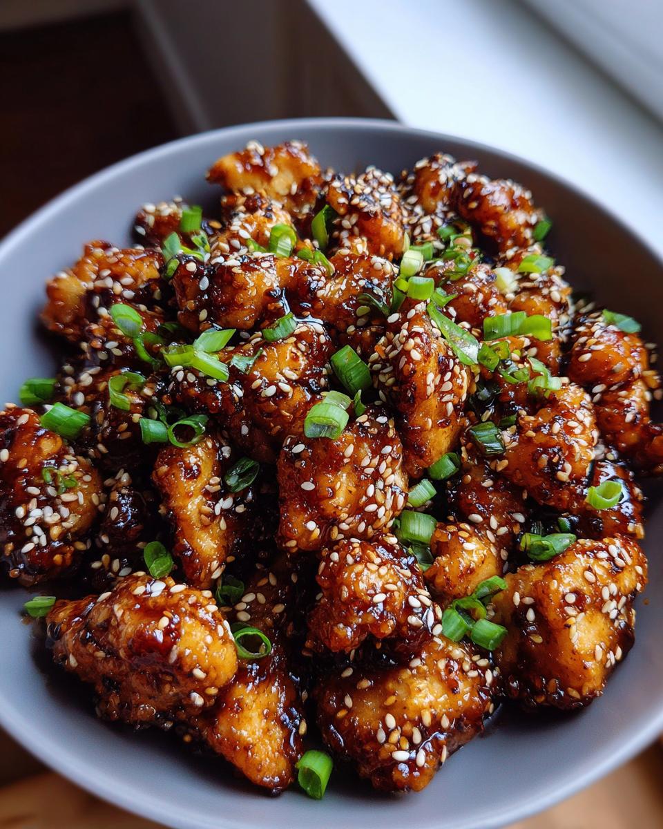 A bowl of Easy Honey Sesame Chicken, coated in a glossy sauce and sprinkled with sesame seeds and chopped green onions.
