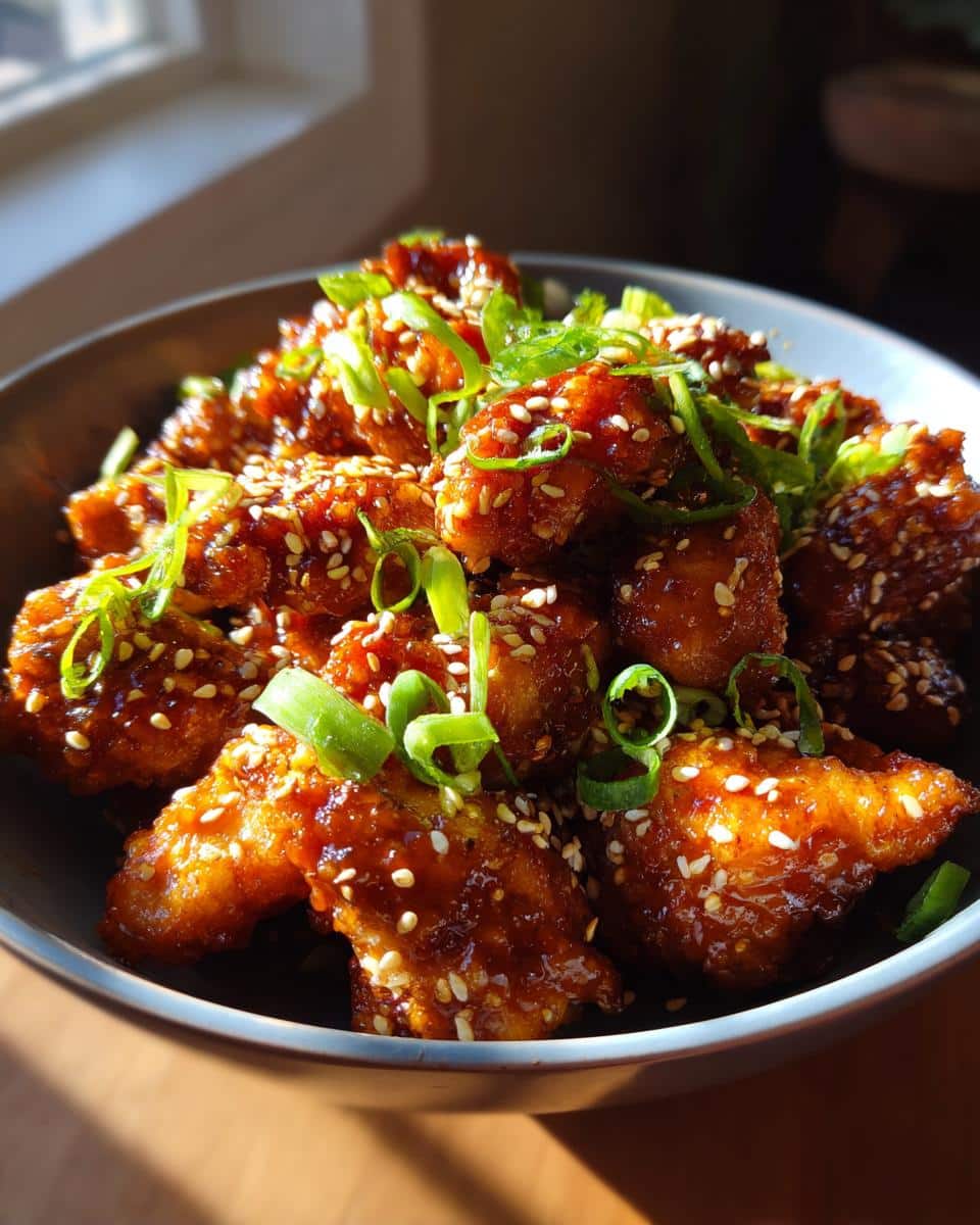 A close-up of a bowl filled with glistening Easy Honey Sesame Chicken, garnished with sesame seeds and green onions.