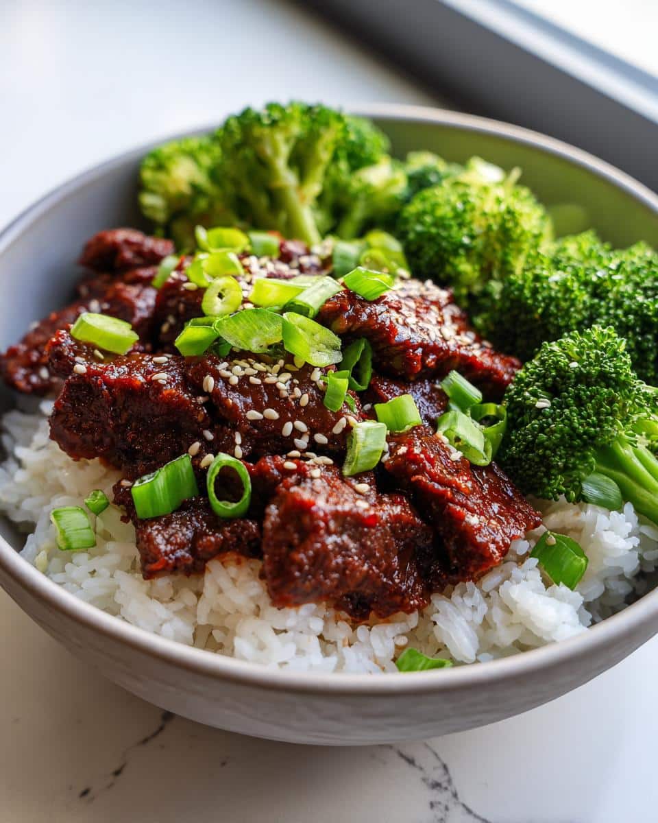 A close-up of Easy Korean Gochujang Beef Bowls with rice, broccoli, and green onions.