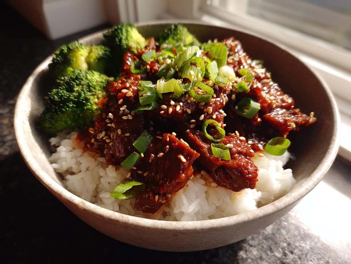 A close-up of an Easy Korean Gochujang Beef Bowl with rice, broccoli, and garnished with green onions and sesame seeds.