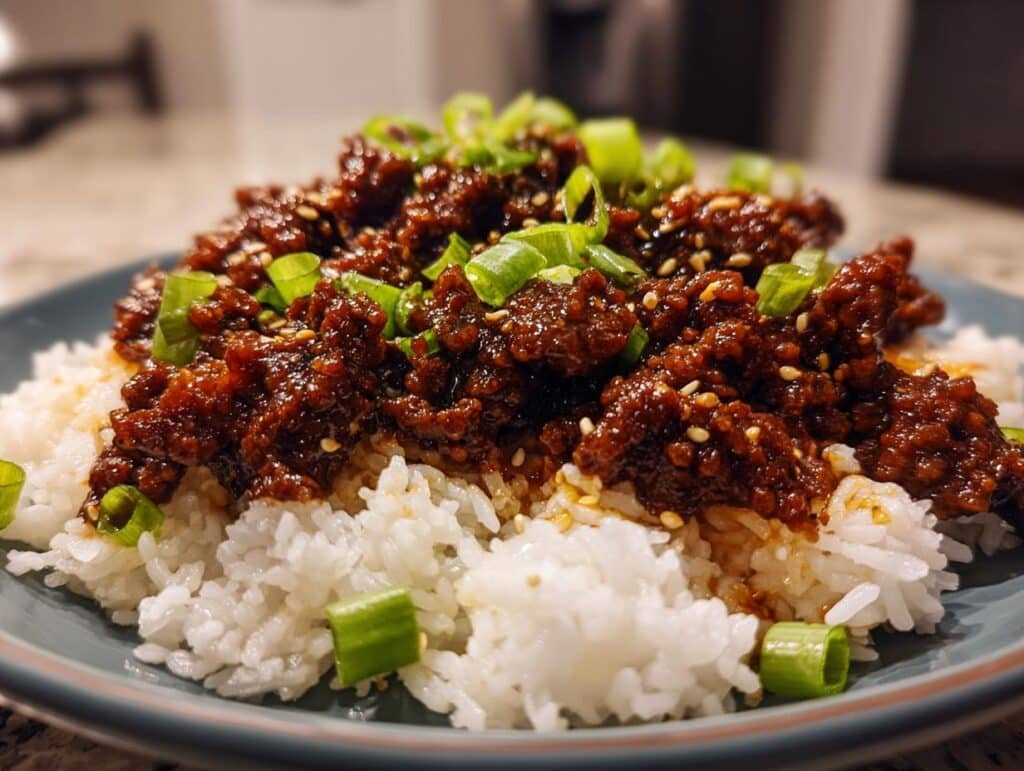A close-up of an Easy Mongolian Ground Beef Recipe served over fluffy white rice, garnished with green onions and sesame seeds.