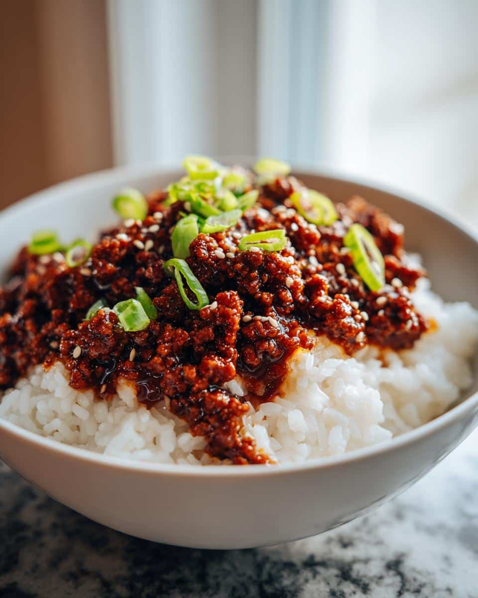 A bowl of white rice topped with savory Mongolian ground beef, garnished with sesame seeds and chopped green onions.