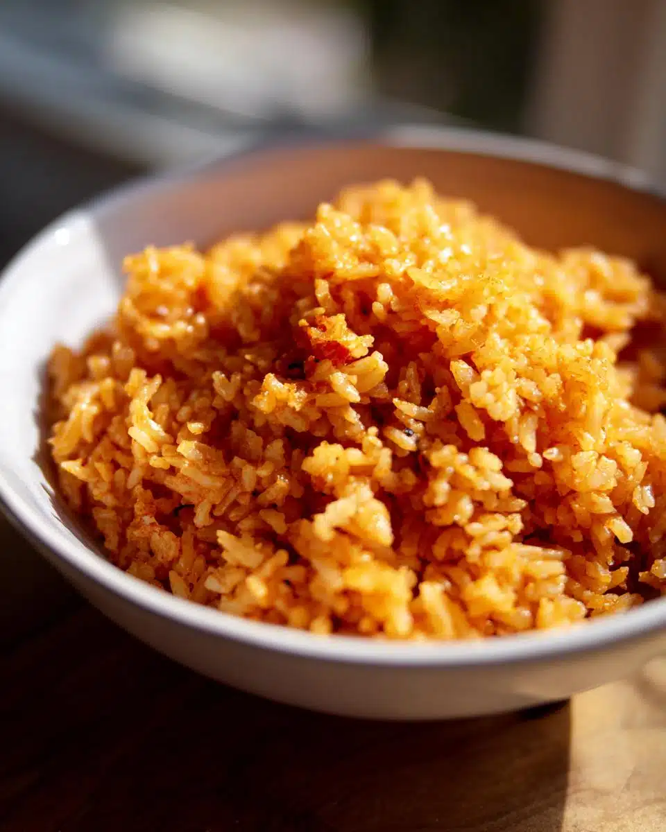 A close-up shot of a bowl filled with fluffy, vibrant orange Easy Restaurant Style Mexican Rice.
