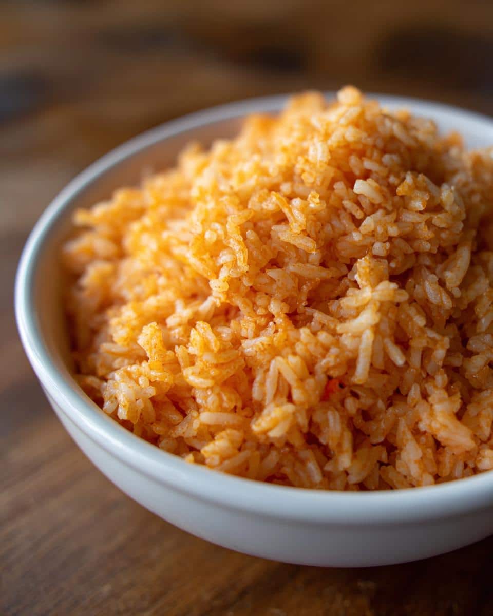 A close-up shot of a bowl filled with fluffy Easy Restaurant Style Mexican Rice.