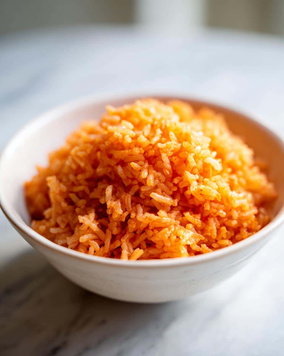 A close-up shot of a bowl filled with fluffy, vibrant Easy Restaurant Style Mexican Rice.