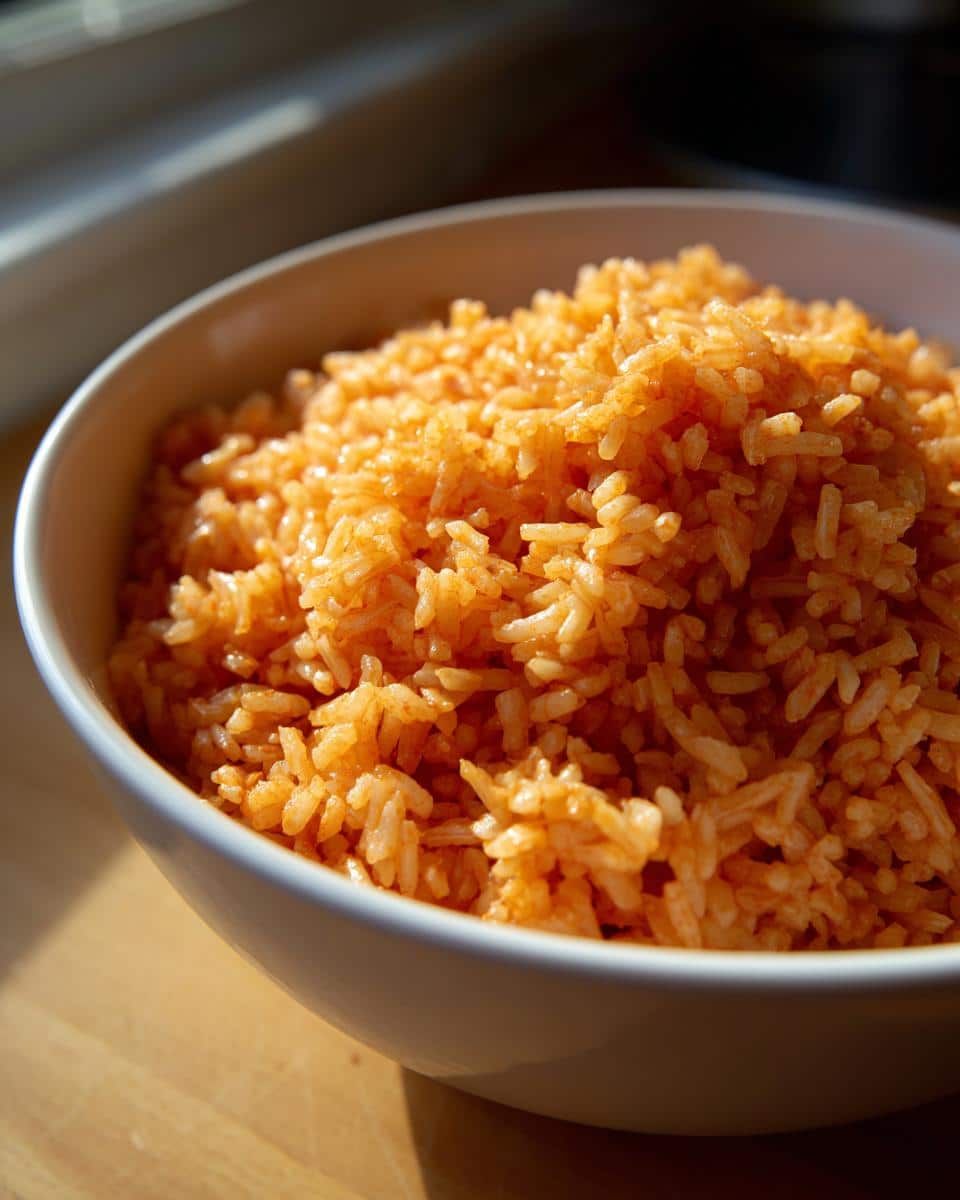 A bowl of fluffy, vibrant orange Easy Restaurant Style Mexican Rice, ready to be served.