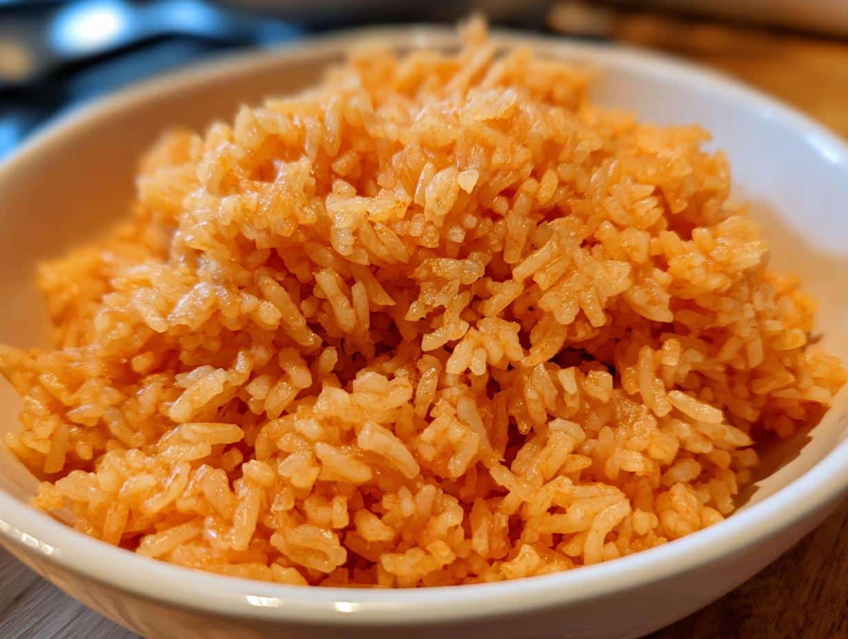 Close-up of a bowl filled with fluffy, vibrant orange Easy Restaurant Style Mexican Rice.